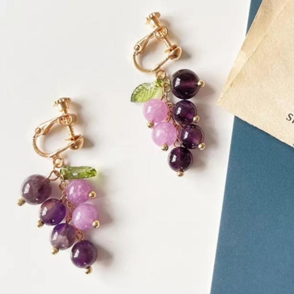 Clip On Semi Precious Dangling Bunch Of Grape Earrings